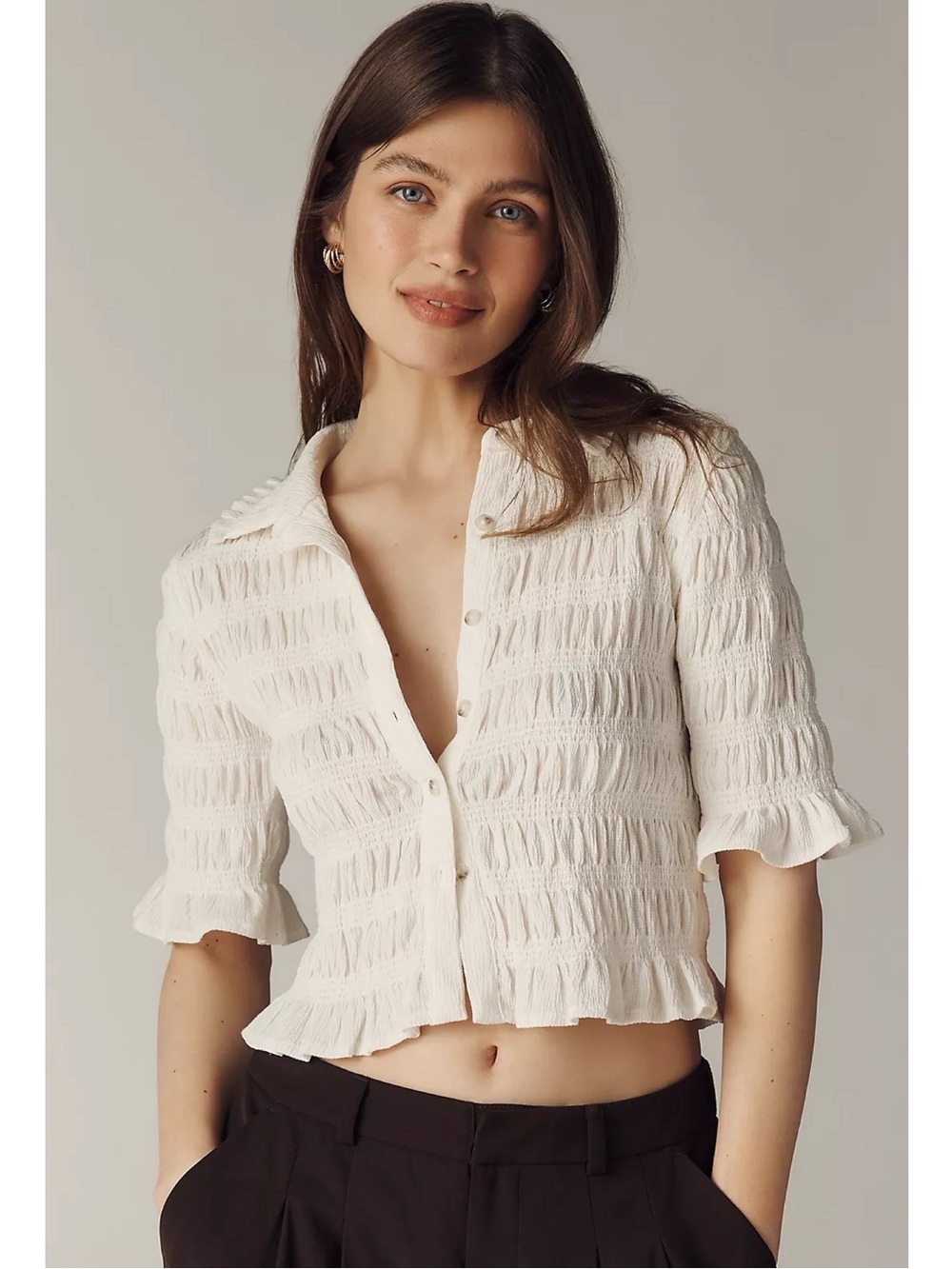 Anthropologie Maeve Smocked Button Front Top